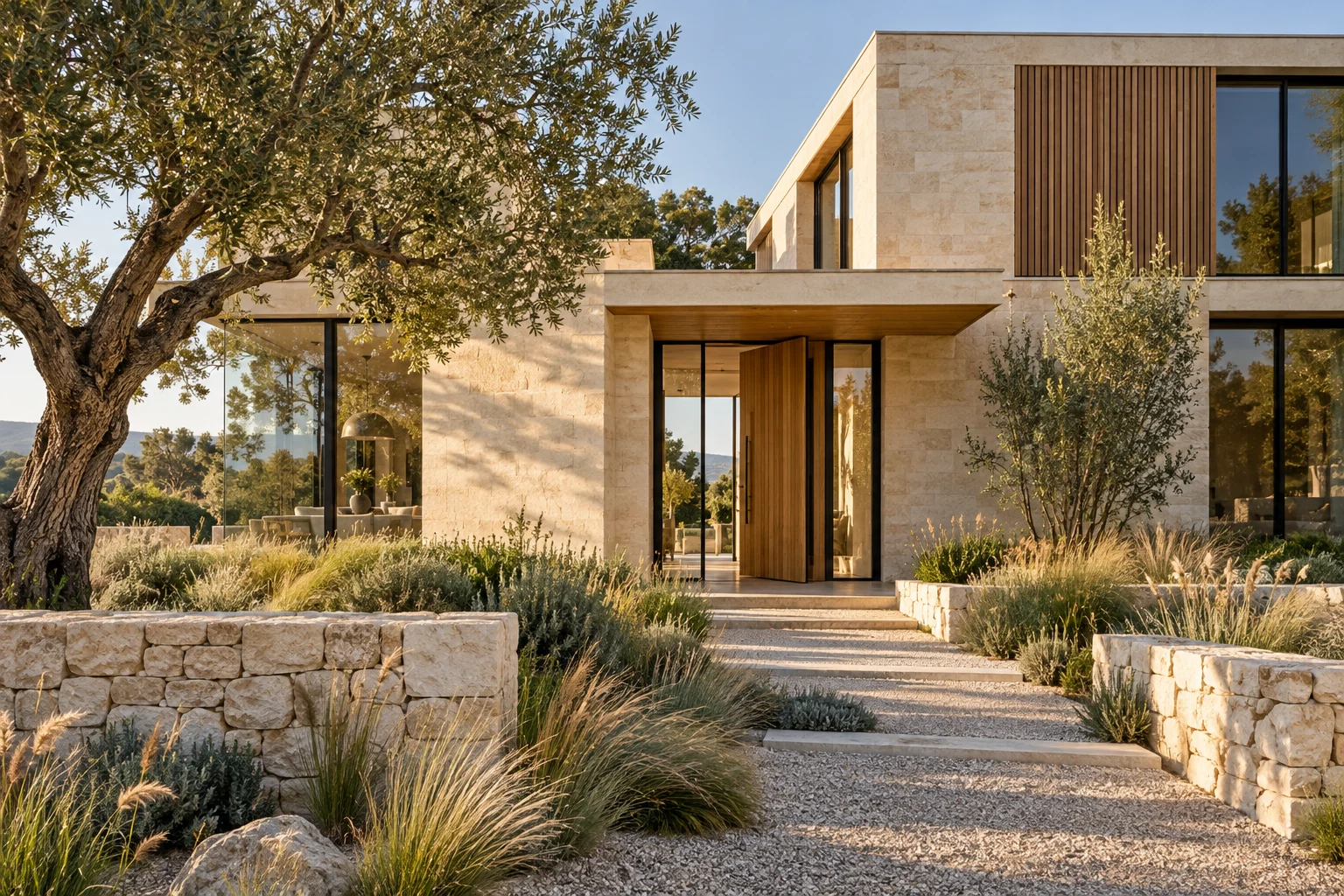 Contemporary limestone and cedar home surrounded by meadow grasses