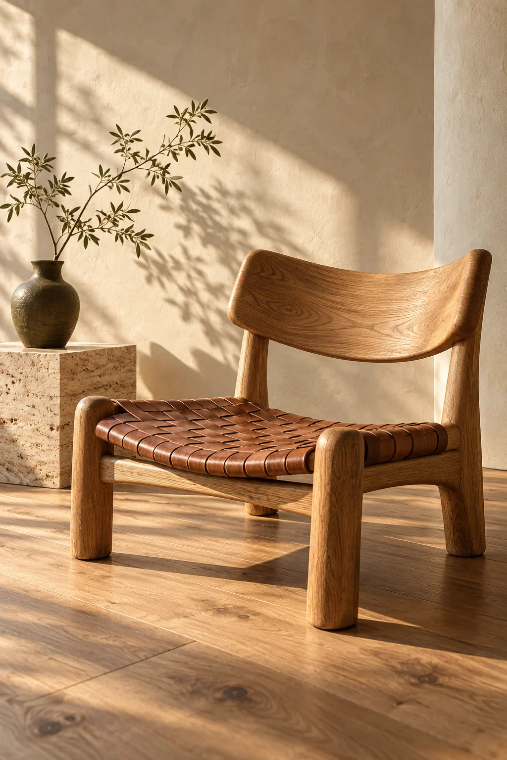 Sculptural oak lounge chair with a woven leather seat in warm sunlight